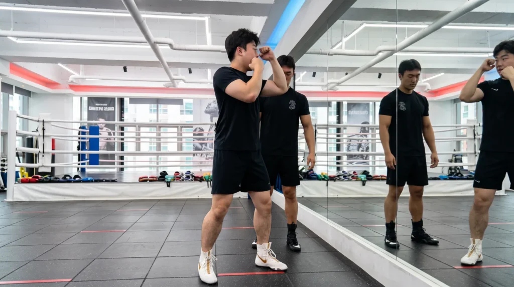 거울 앞에서 자세를 교정하는 장면