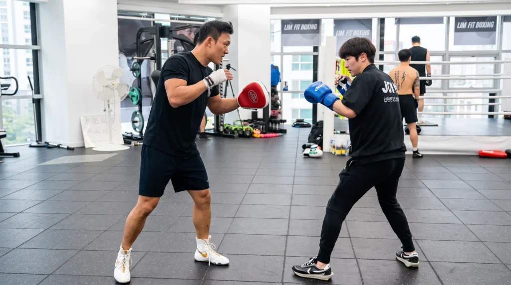 헤드기어를 착용하고 스파링하는 장면